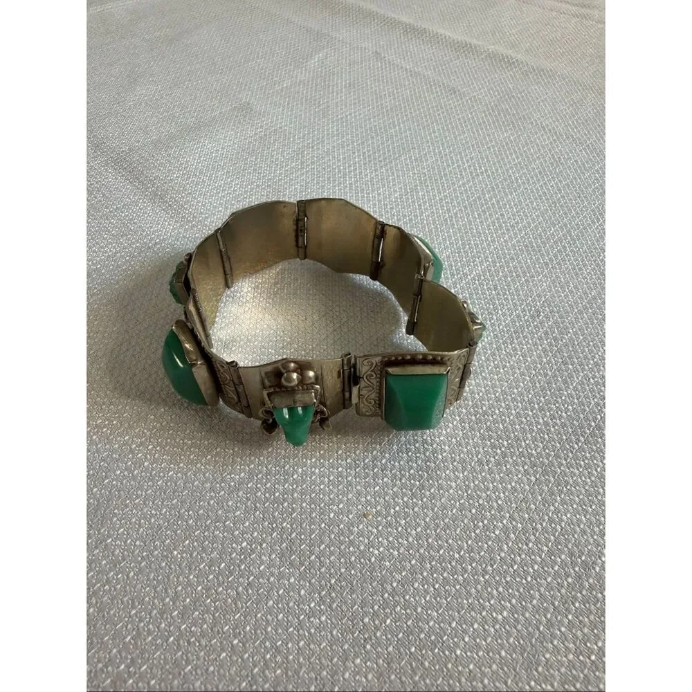Vintage Signed Alpaca Mexico 925 Sterling Silver Carved Green Onyx Panel Bracele